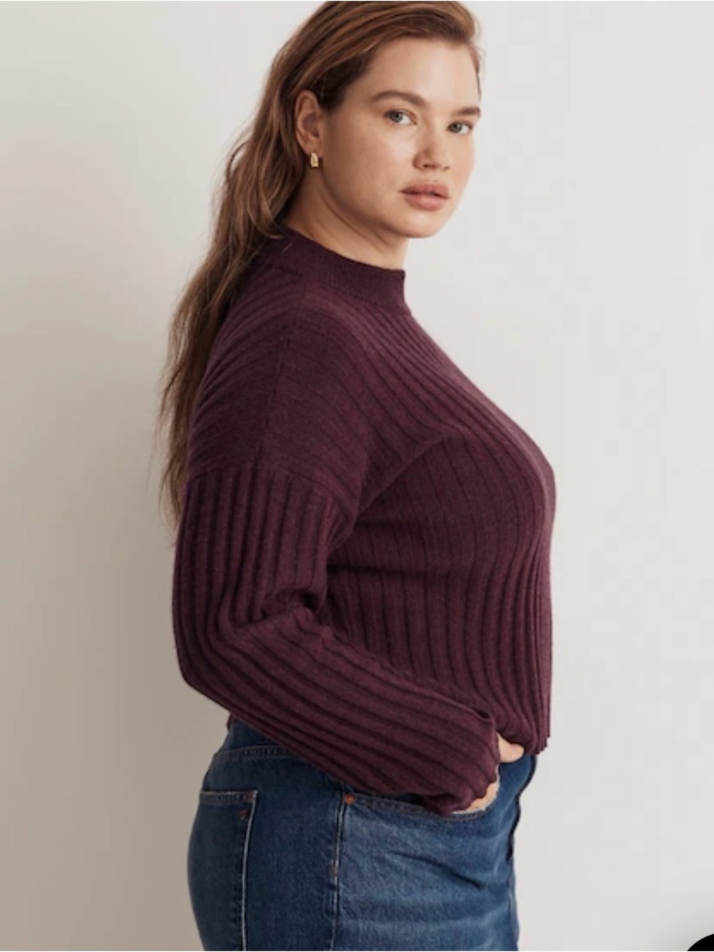 Madewell Women’s Ribbed Mock Neck Sweater Crop in Deep Plum size xxs